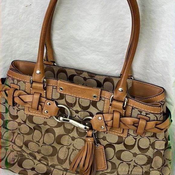 Coach brown signature canvas braided tassel shoulder bag purse - Picture 12 of 13